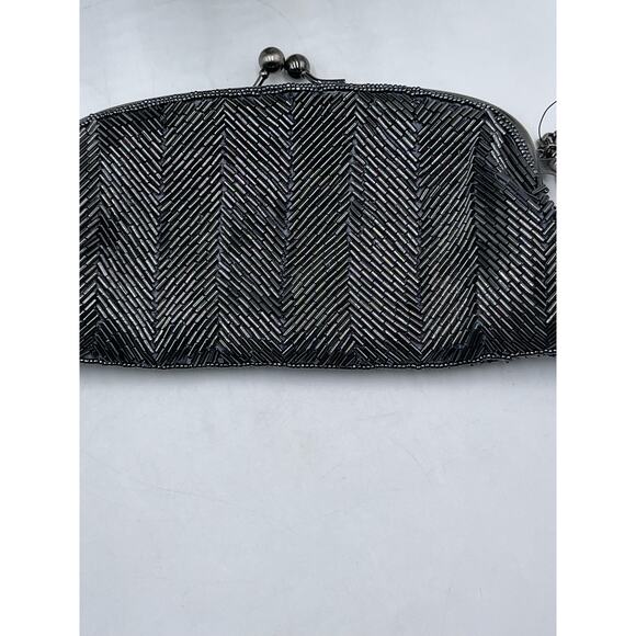The Limited Handmade Black Silver Tone Kiss Lock Chevron Clutch Bag New - Picture 2 of 10
